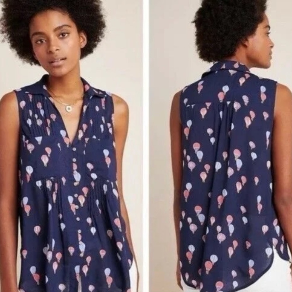 Anthropology Maeve Sleeveless Blouse, Hot-Air Balloon Print Navy Women’s Med.